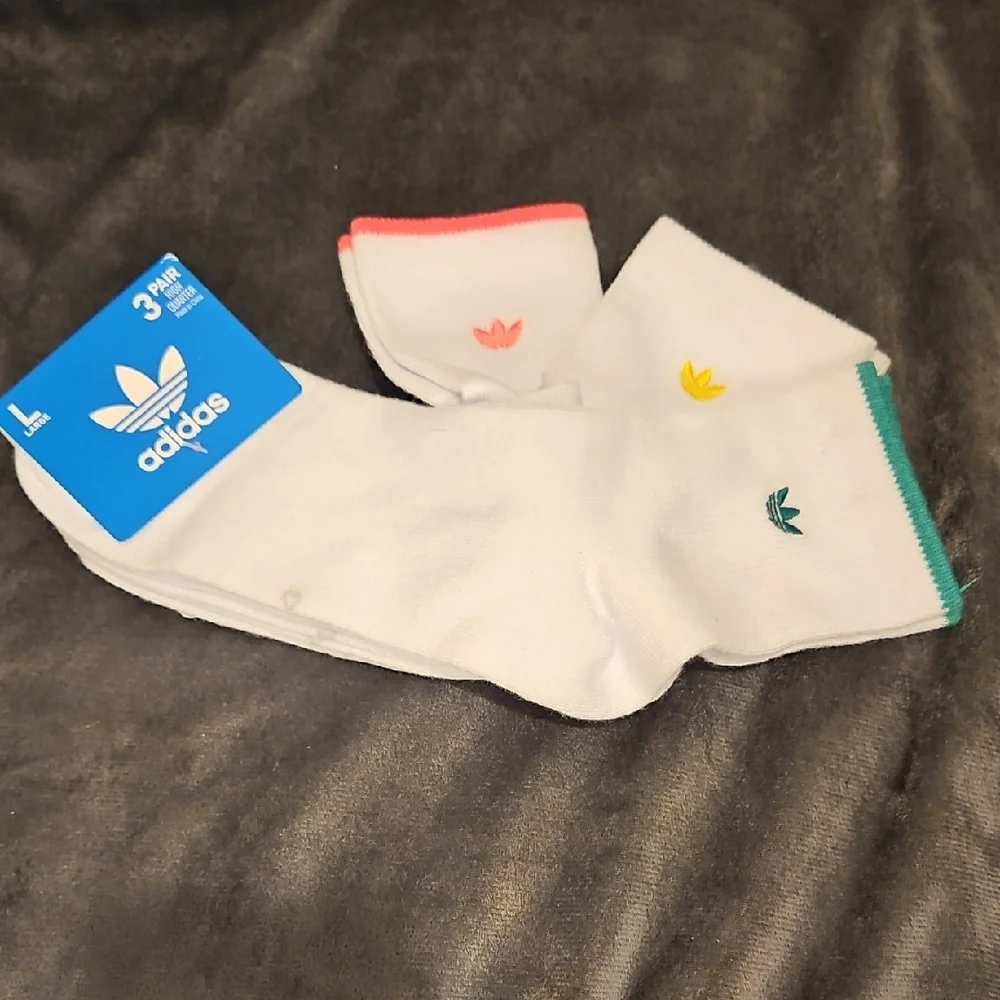 NWT Adidas 3 Pair Yellow Green & Pink Trim High Quarter Socks Colorful Sz.L